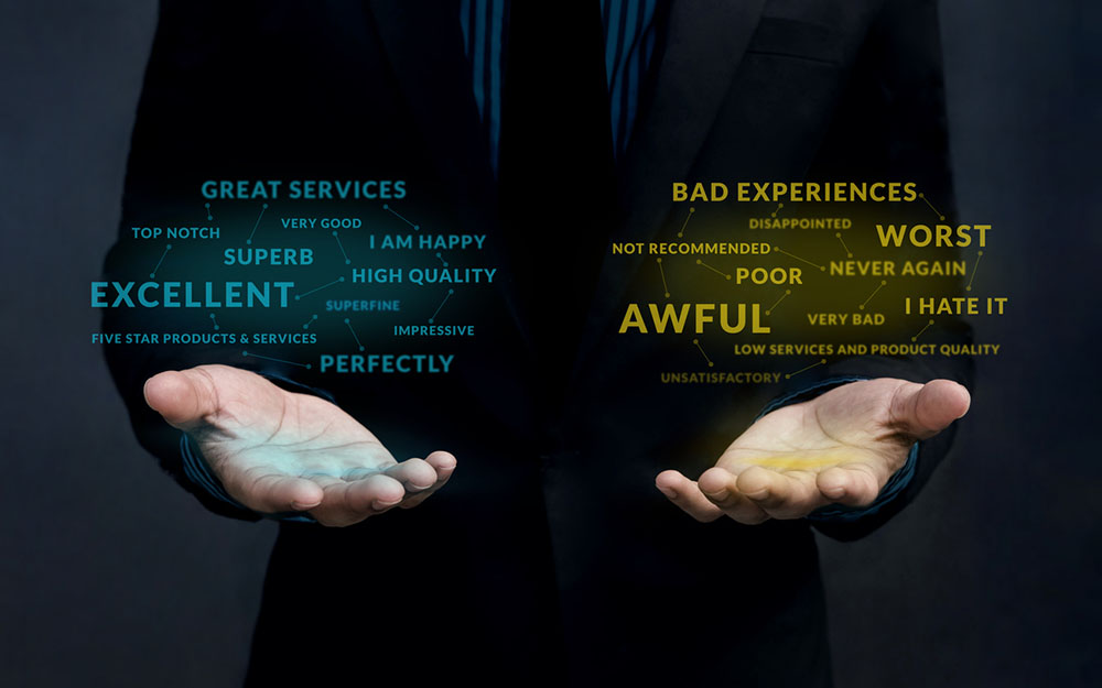 Customer Experience Strategy Concept. Positive and Negative Online Review Floating over Businessman's Hand to Balance and Analysis
