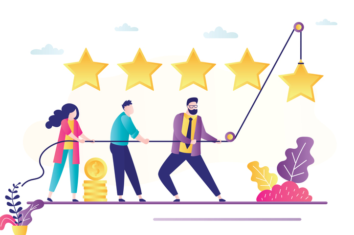 People use rope and raise star. Review banner concept, testimonials. Teamwork, people vote or rate. Clients feedback. Business quality