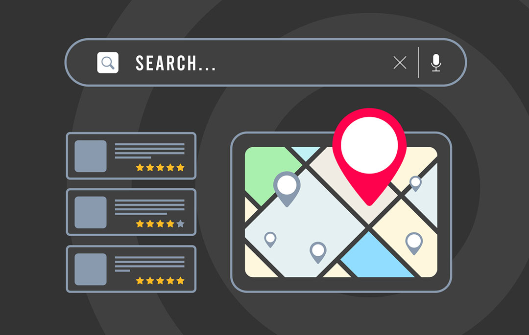 Local Search - small business seo marketing strategy based on consumer near me searches. Browser with local business listing, map and red pin icon, search result with nearby places with star rating